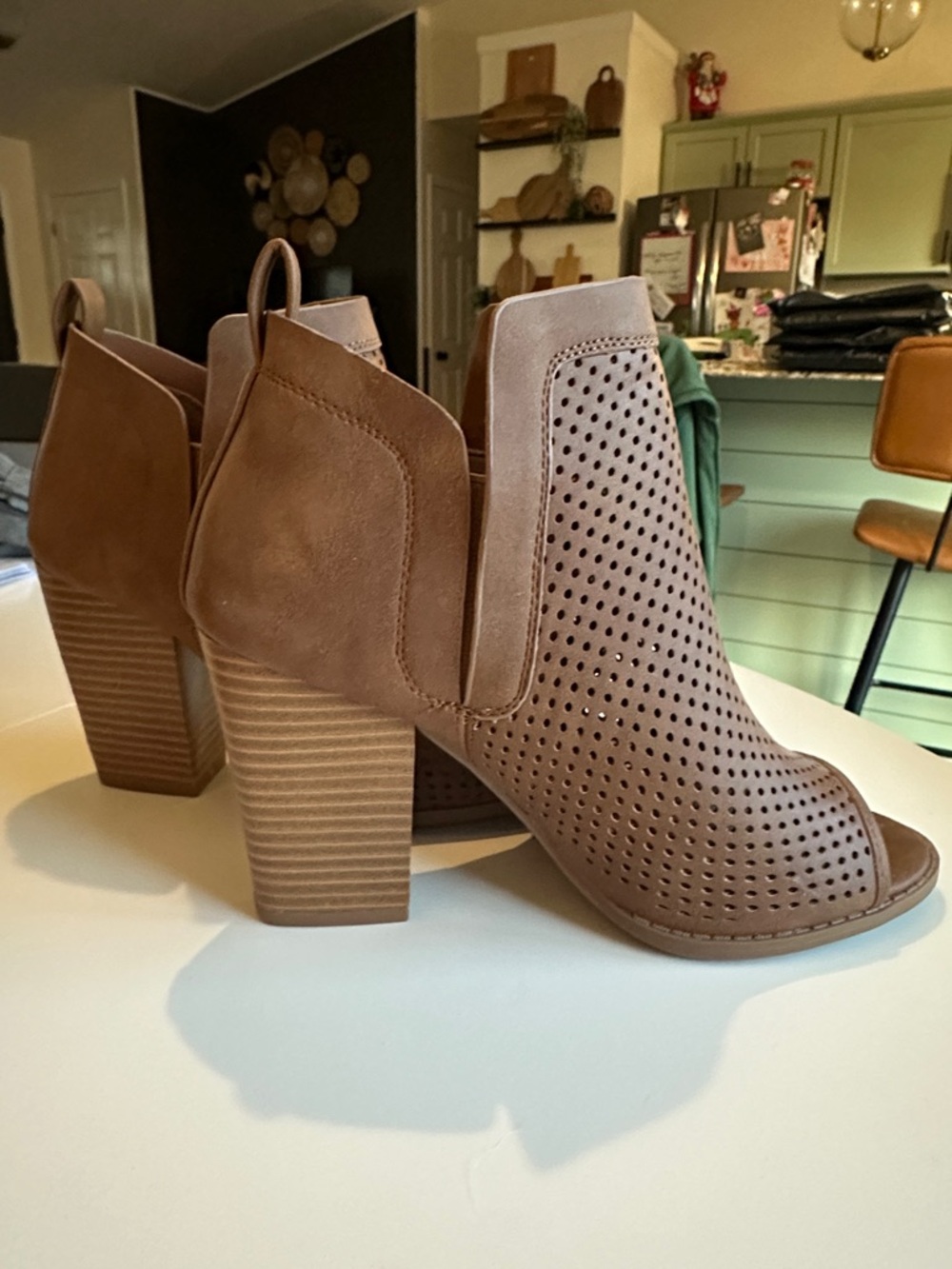 Qupid Taupe Perforated Peep-Toe Block Heel Booties